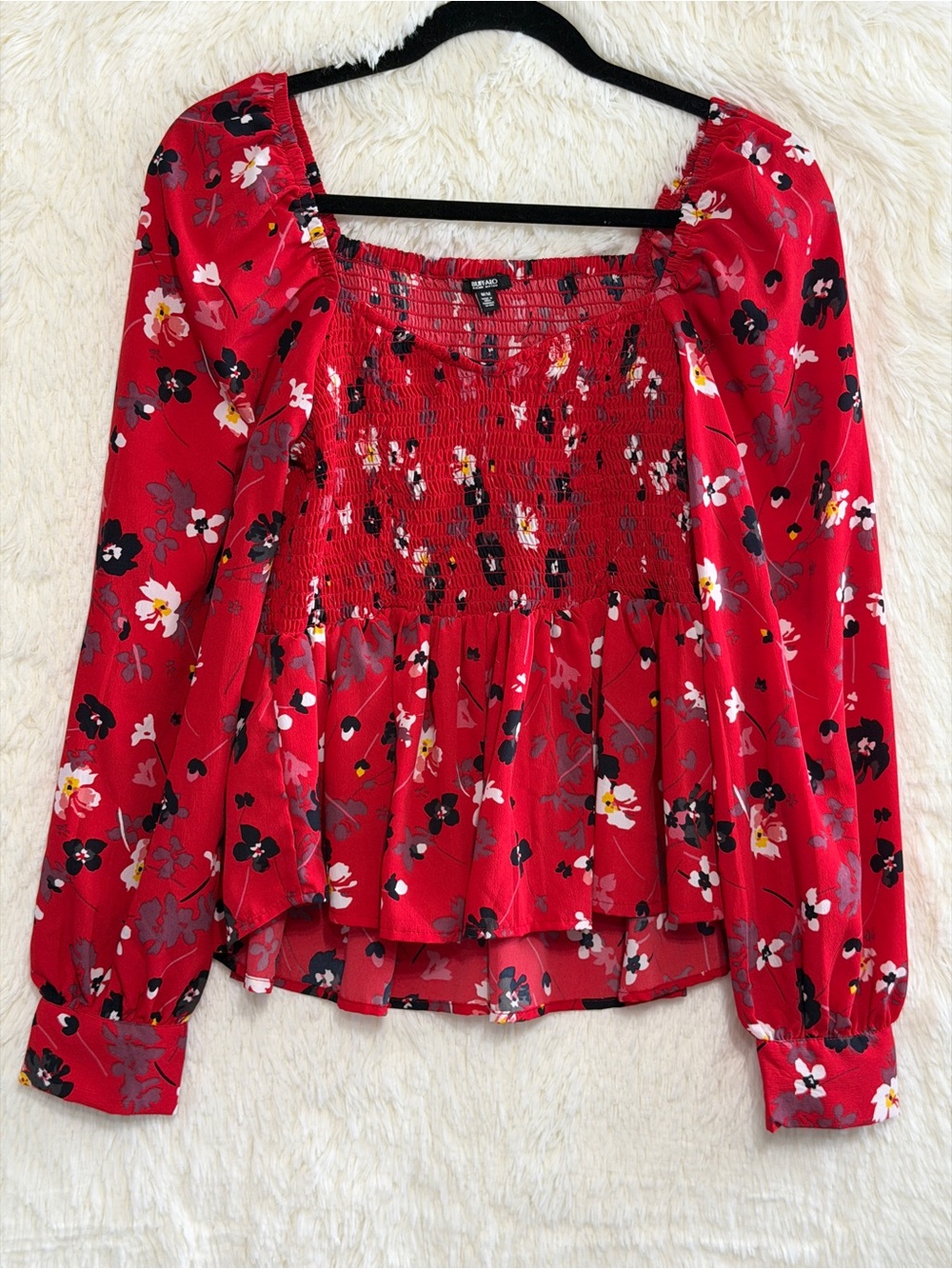 Buffalo David Bitton Womens Boho Peasant Floral Smocked Blouse M Red Cottagecore